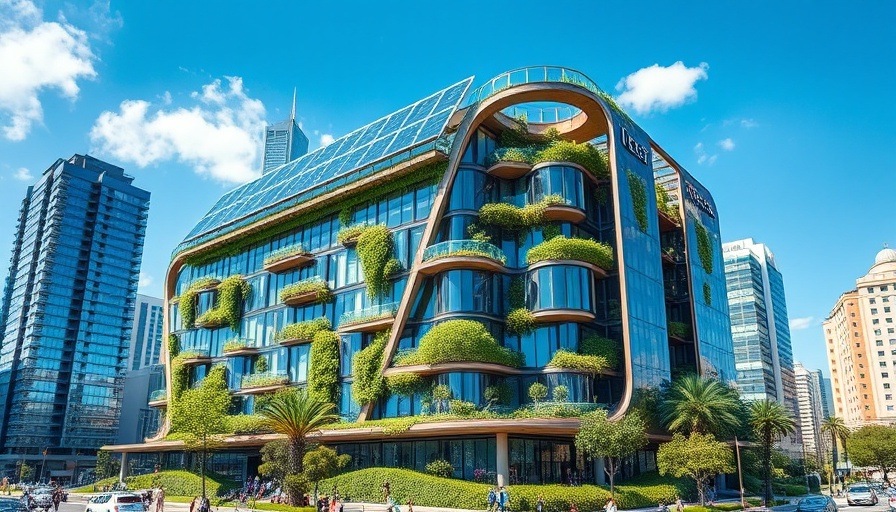 Futuristic eco-building with greenery and solar panels, carbon-negative construction.