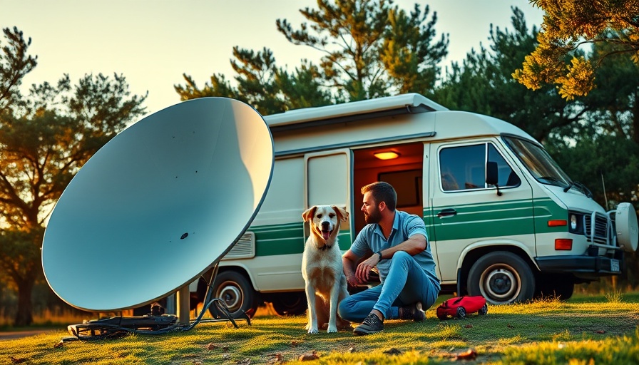 RV setup with satellite dish and person in a park; IRIS² satellite.