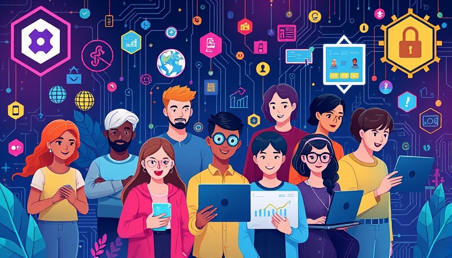 Sustainable AI illustration with collaborative tech elements.