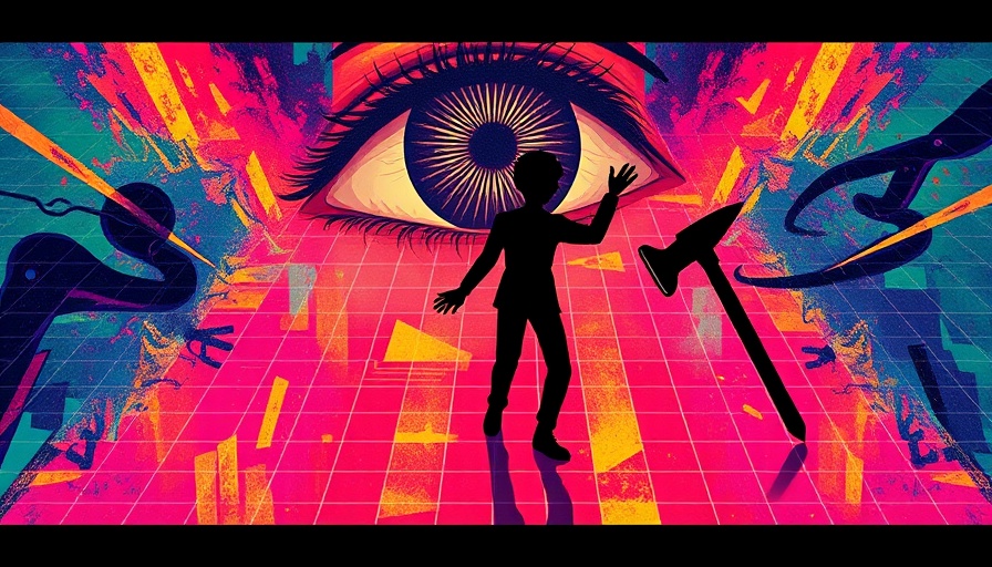 Techlash abstract illustration with grid, eye, and puppet.