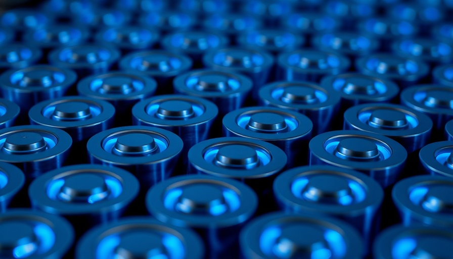 Advanced battery chemistry with glowing cells in blue light.