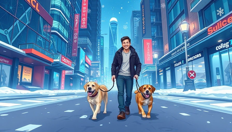 Stylized digital art of a person and dogs in a snowy city, AI insights.