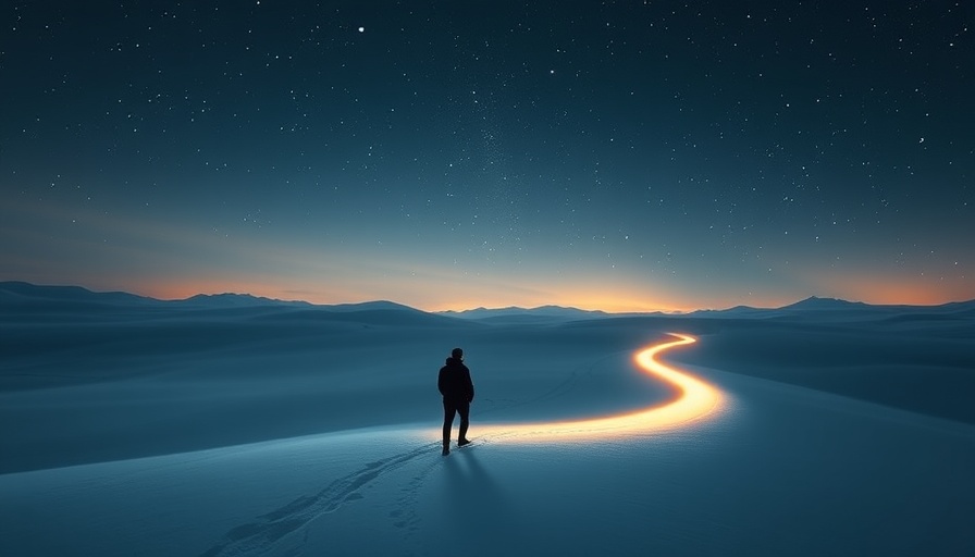 Lone figure on snowy hill with glowing path under starry sky, growth transformation concept.