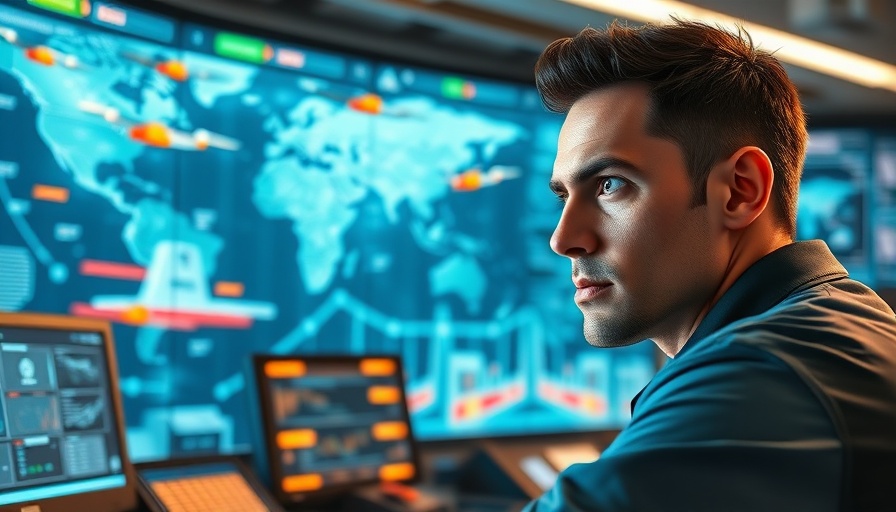 AI logistics operator in futuristic command center overseeing automated ships.
