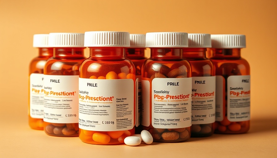 Pattern of prescription pill bottles on beige background.