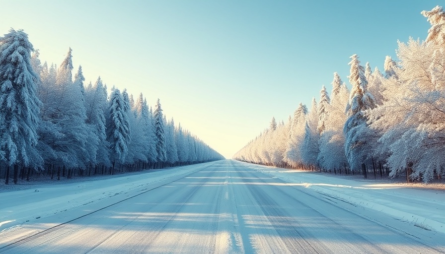 Serene snowy road amid trees under blue sky; auto industry trends.
