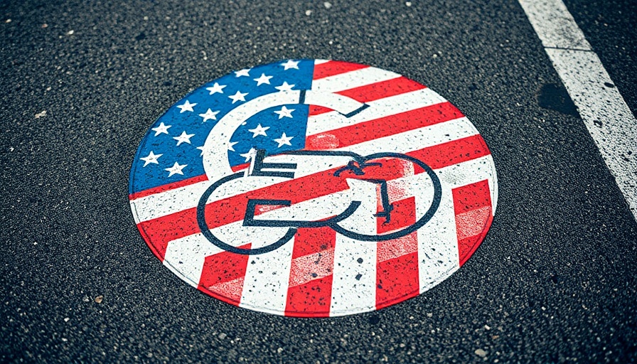 Artistic EV parking symbol with American flag colors on asphalt.