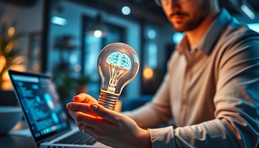 Person with AI light bulb at laptop in futuristic workspace.