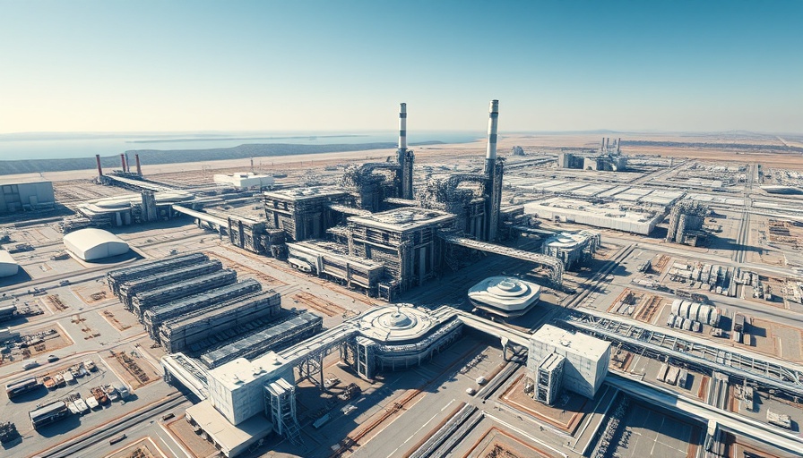 Futuristic factory blueprint over rural landscape.