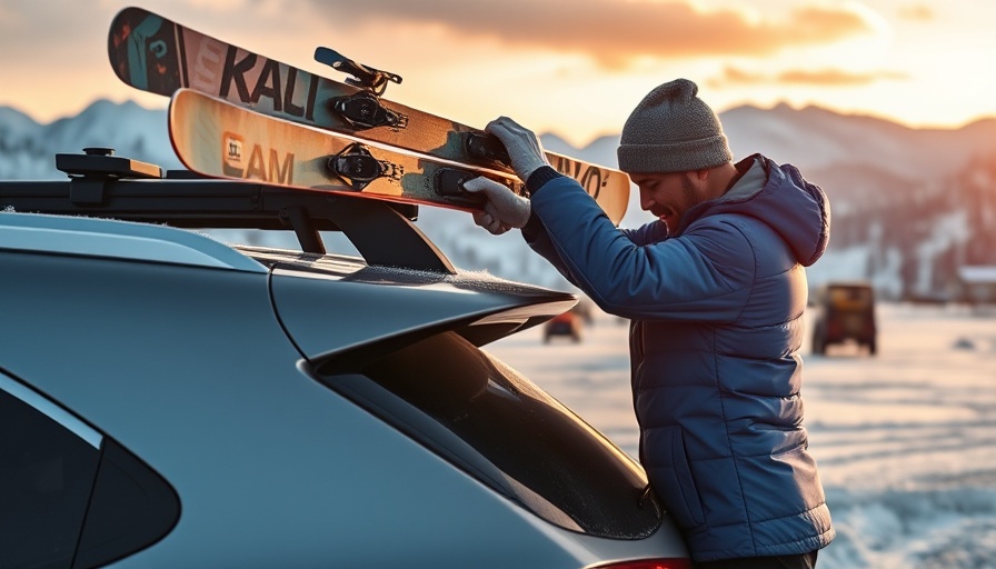 Car financing: man loads skis on car roof in snowy mountain setting