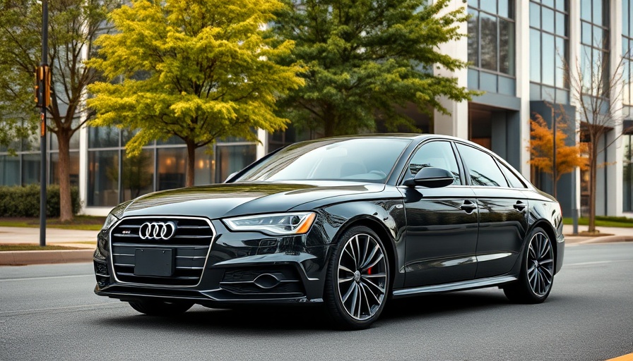 Sleek black Audi sedan parked in front of office building.
