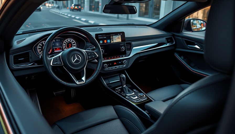 Luxury car interior with sleek black design, steering wheel, and display.