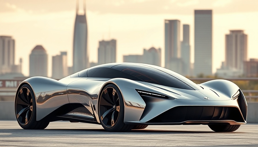 Futuristic car design against a cityscape, showcasing auto industry insights.