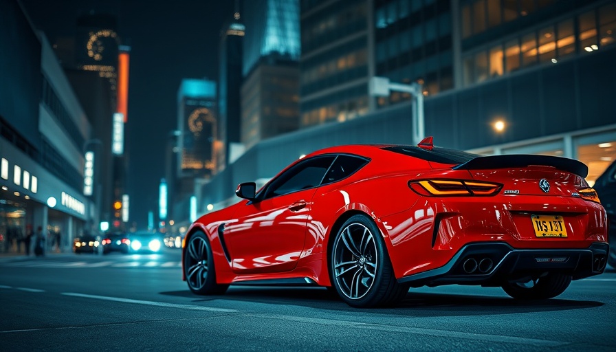 Sleek red sports car parked at night; automotive PR