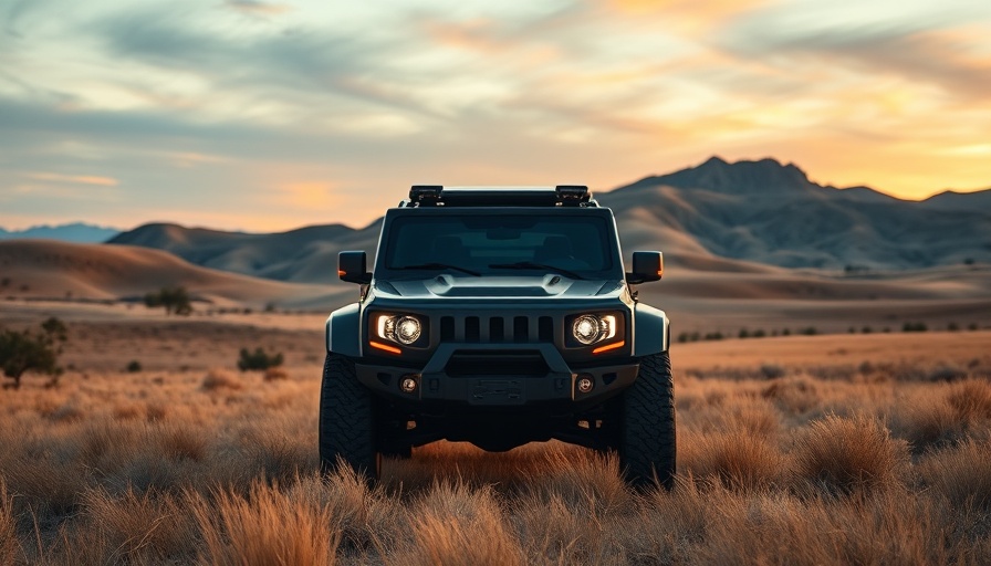 Futuristic off-road vehicle in dry grassland at twilight.