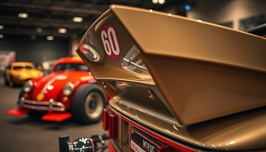 Classic touring car with spoiler in exhibition hall.
