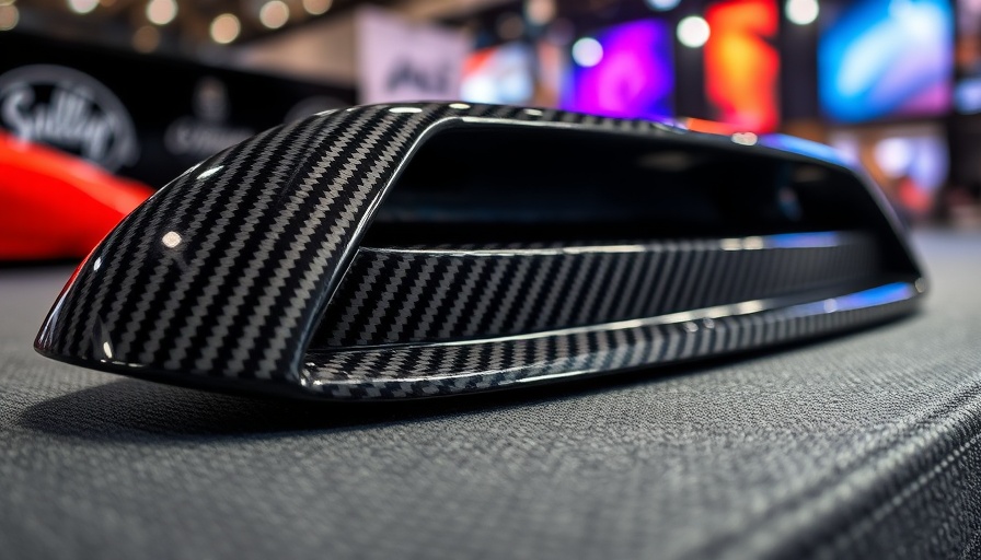 Close-up of carbon fiber car part at Essen Motor Show exhibit.