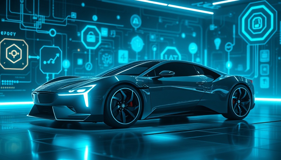 Futuristic software-driven car with tech icons in dark setting