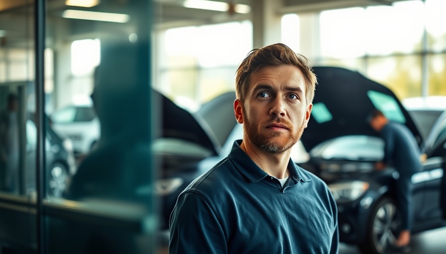 Man observes car maintenance for car reliability through a window.