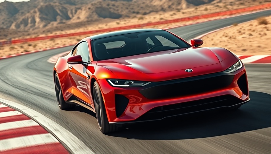 Sleek electric muscle car racing on track in desert sunlight.
