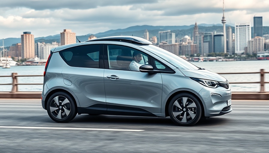 Sleek modern autonomous vehicle by urban waterfront.