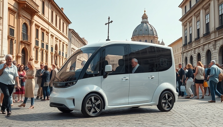 Modern electric Popemobile on cobblestone street.