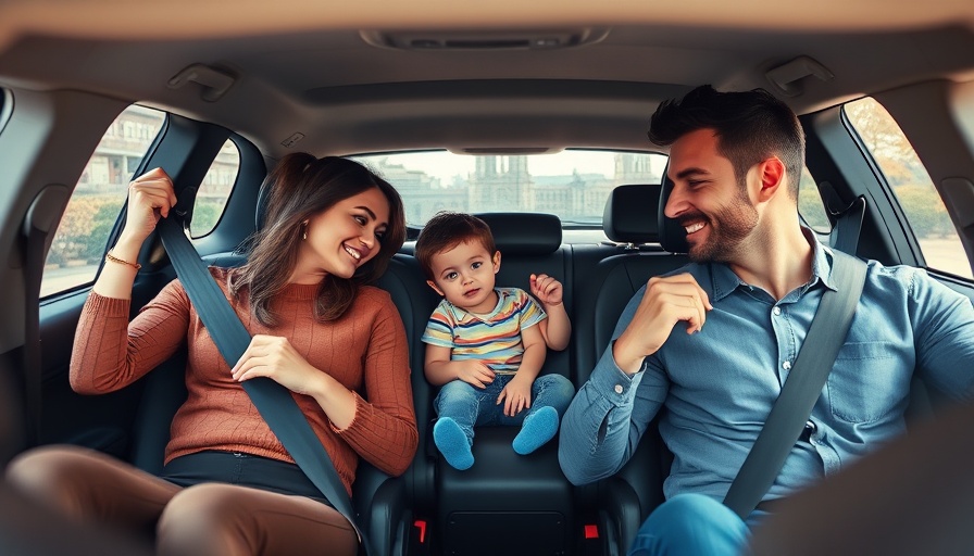 Family adjusting rear seat belts, SUV interior safety focus.
