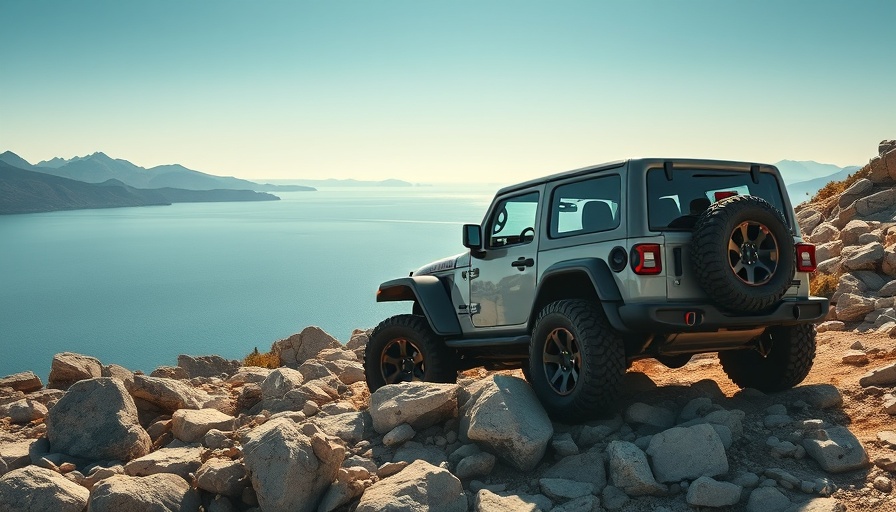 Jeep with automatic transmission on rocky terrain by a lake