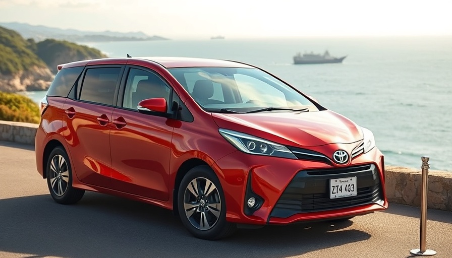 Red Toyota bZ4X parked with ocean view background, modern design.