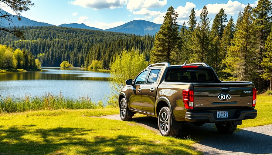 Sleek modern Kia Tasman by lake and forest, photorealistic.