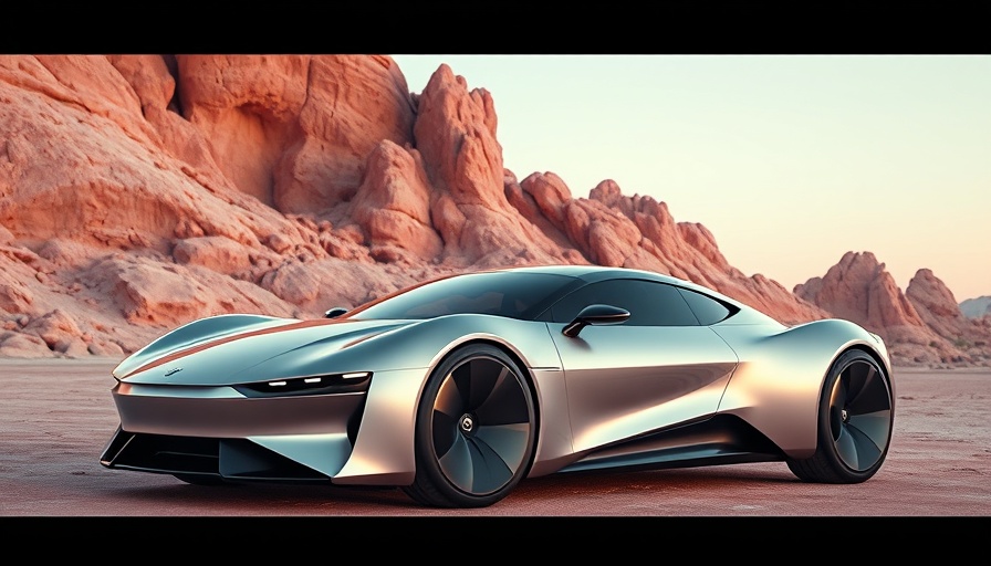 Futuristic luxury car design in a pink rocky landscape, cinematic view.