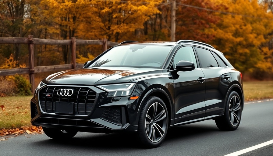 Audi Q6 E-Tron parked on scenic road in autumn setting
