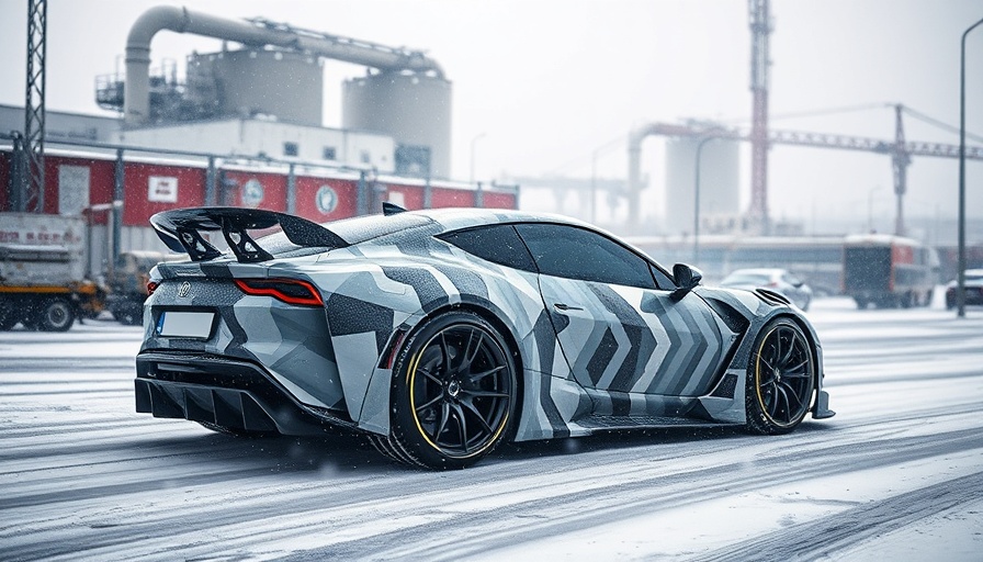 Futuristic camouflaged car parked in snowy cityscape.