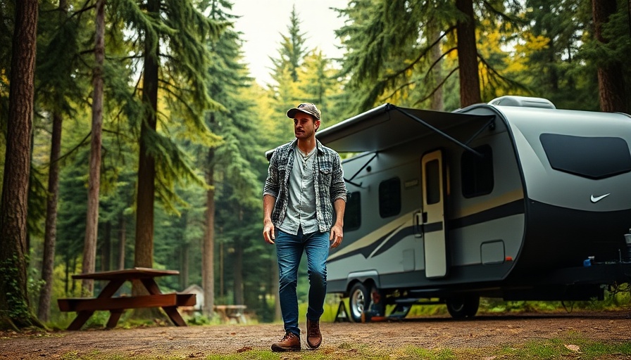 Man walking by camper in forest, enhancing Cadillac Lyriq safety