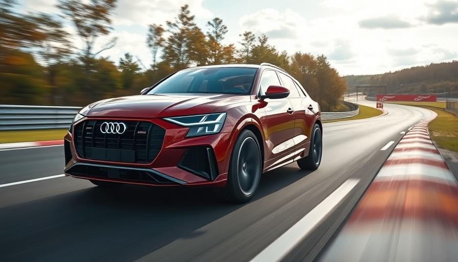 Audi Q8 E-Tron driving on racetrack with trees and sky