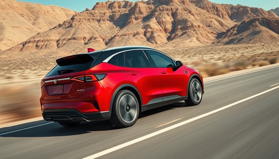 Sleek red electric SUV driving through desert landscape, highlighting EV battery manufacturing.