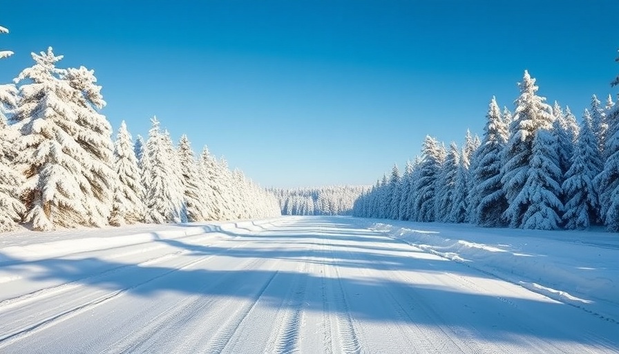 Snowy road with winter forest and blue sky, used car industry.