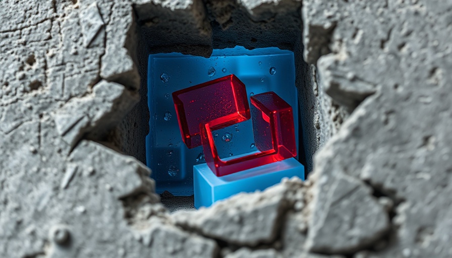 Maze structure with red and blue design on concrete block.