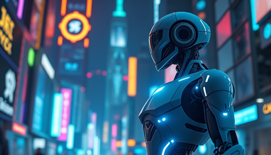 AI cybersecurity robot observing digital shield cityscape