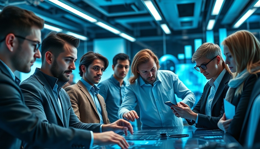 Diverse team collaborating on AI strategy in modern office.
