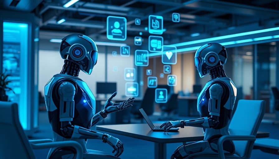 Futuristic workspace with holographic AI chatbots.