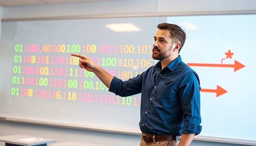 Instructor teaching beginner machine learning projects with binary code.