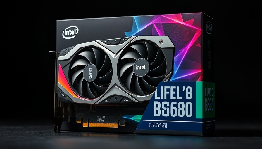 Intel Arc B580 graphics card on vibrant packaging with dramatic lighting.
