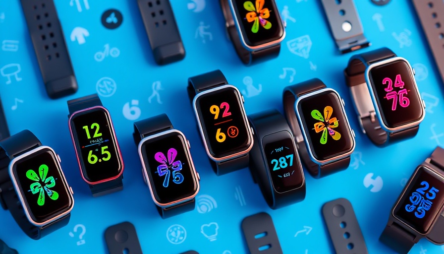 Modern fitness trackers with vibrant displays on blue background