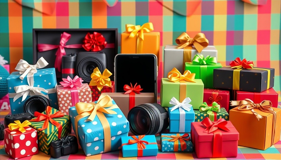 Festive budget tech gifts on colorful background.