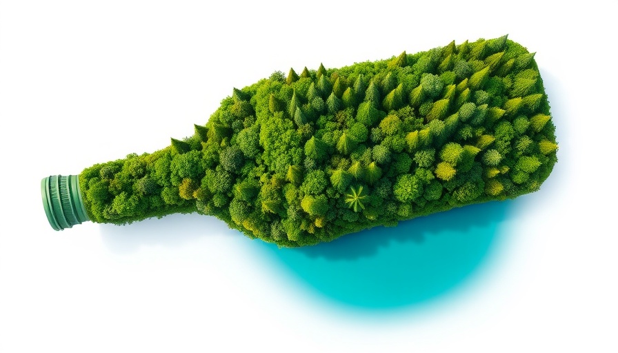 Sustainability investments concept with forest bottle and lake.