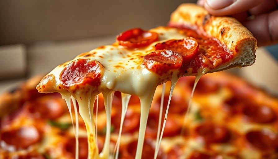 Hand lifting pizza slice with melty cheese, enterprise AI connection.