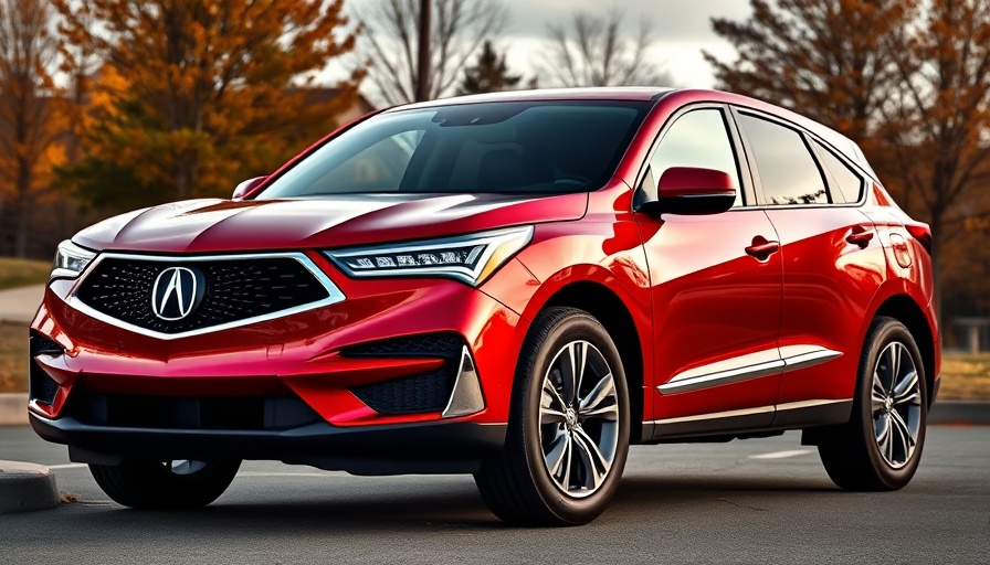 Sleek metallic red Acura ZDX parked with autumn foliage.
