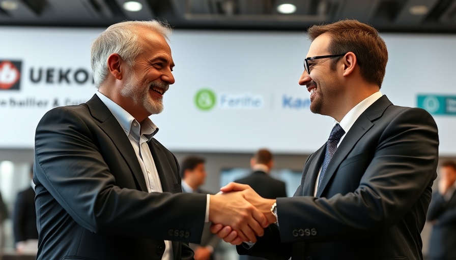 Auto industry news executives shaking hands at conference.