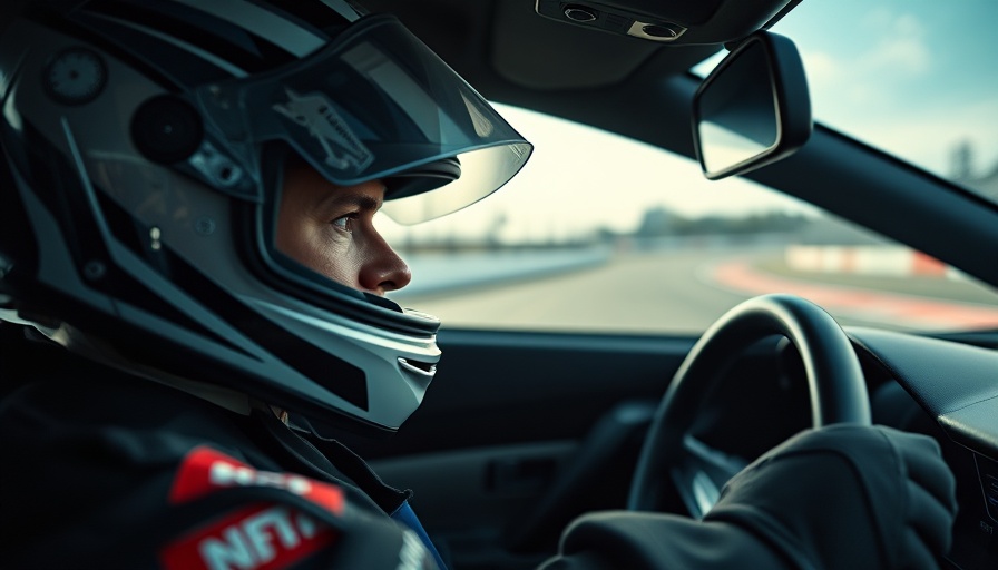 Driver in helmet focused inside a Nissan Z drag car, racing scene.